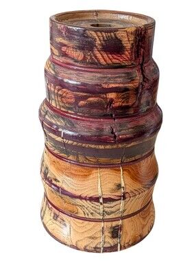 Handcrafted Wooden Decorative Candleholder in Natural and Burgundy Rustic Lodge